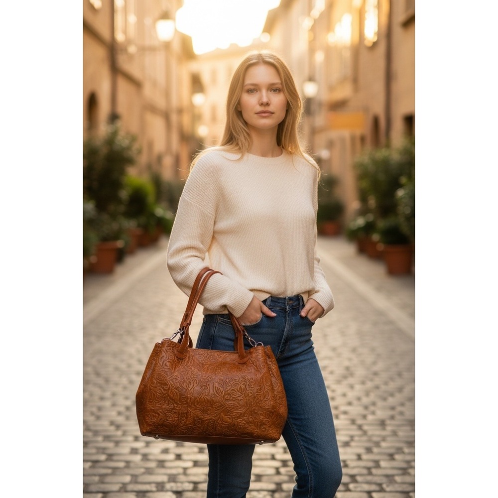 Isadora Cognac Floral Embossed Genuine‎ Leather Satchel Bag Made in Italy